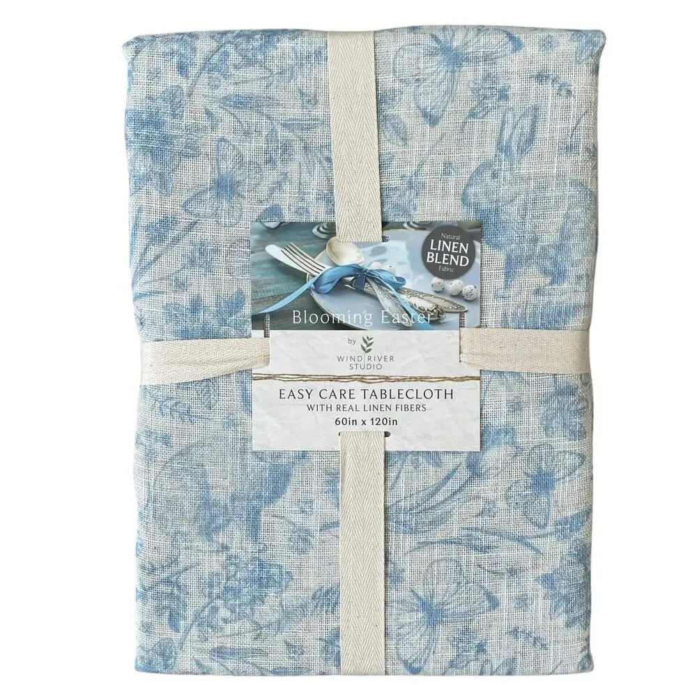 Blooming Easter Blue Bunny Rabbit Floral Tablecloth 60x120 Linen Blend NEW